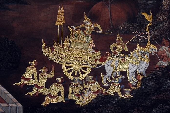 Scene from the Ramakien (Thai Ramayana) depicted on a mural at Wat Phra Kaew (Temple of the Emerald Buddha), Bangkok, Thailand. Original work dates from c. 1800 and is long out of copyright.