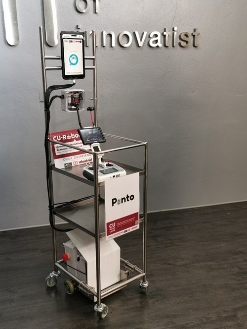 ‘Pinto’ robots - a prototype delivery appliance altered from food carts and remotely workable.