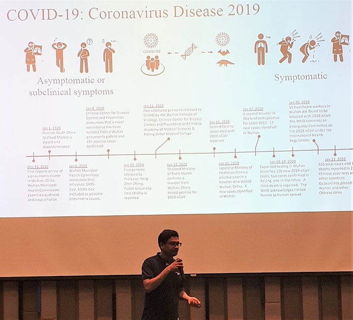 Dr. Hisham Imad displayed this slide showing the timeline for the Coronavirus (COVID-19) as he imparted important information that is currently available on this new virus including what is known about it and how it spreads.