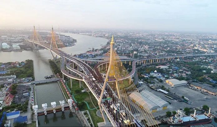 The Lad Pho canal and its floodgates and the elegant bridges of Bhumibol 1 & 2, Bangkok.