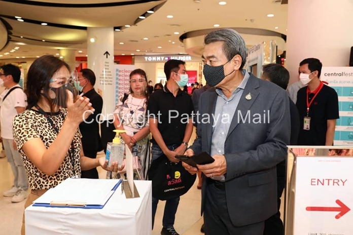 Deputy Mayor Ronakit Ekasingh checks out the new procedures needed to enter Central Festival mall.