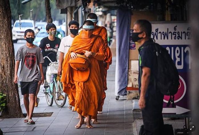 Monks are advised to wear a face mask and suitable protection every time they go out of the temples, keep the temples regularly sanitized, and must screen visitors for symptoms in and out.