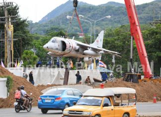 Navy fighter jet rolls down Sukhumvit Road near Pattaya