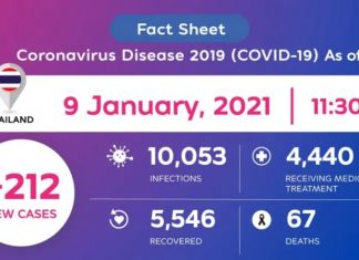 Thailand logs 212 new Coronavirus cases on Jan 9; death toll remains 67