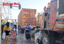 A multi-vehicle collision in Laem Chabang left a white Honda sedan crushed between a 22-wheel trailer truck and an 18-wheel truck, causing significant damage. and injuries. A 6-year-old boy suffered a fractured skull in the accident.