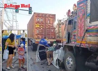 A multi-vehicle collision in Laem Chabang left a white Honda sedan crushed between a 22-wheel trailer truck and an 18-wheel truck, causing significant damage. and injuries. A 6-year-old boy suffered a fractured skull in the accident.