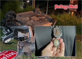 Two men survive miraculously as car flips in Pattaya, credit blessed amulet for luck