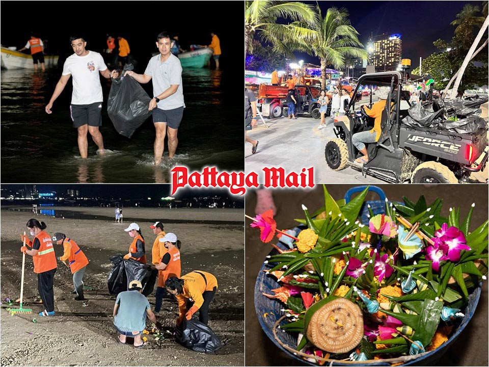Pattaya crews work overnight to clear Loy Krathong debris, ensuring clean beaches by dawn