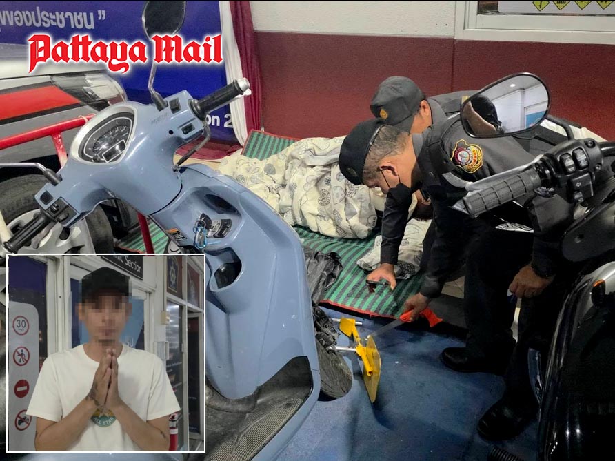 Angry motorcyclist caught sawing off wheel lock on South Pattaya Road