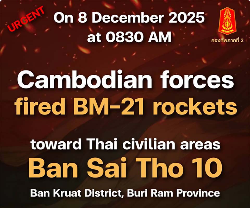 Thai Army reports Cambodian rocket fire in Buri Ram, reaffirms commitment to sovereignty