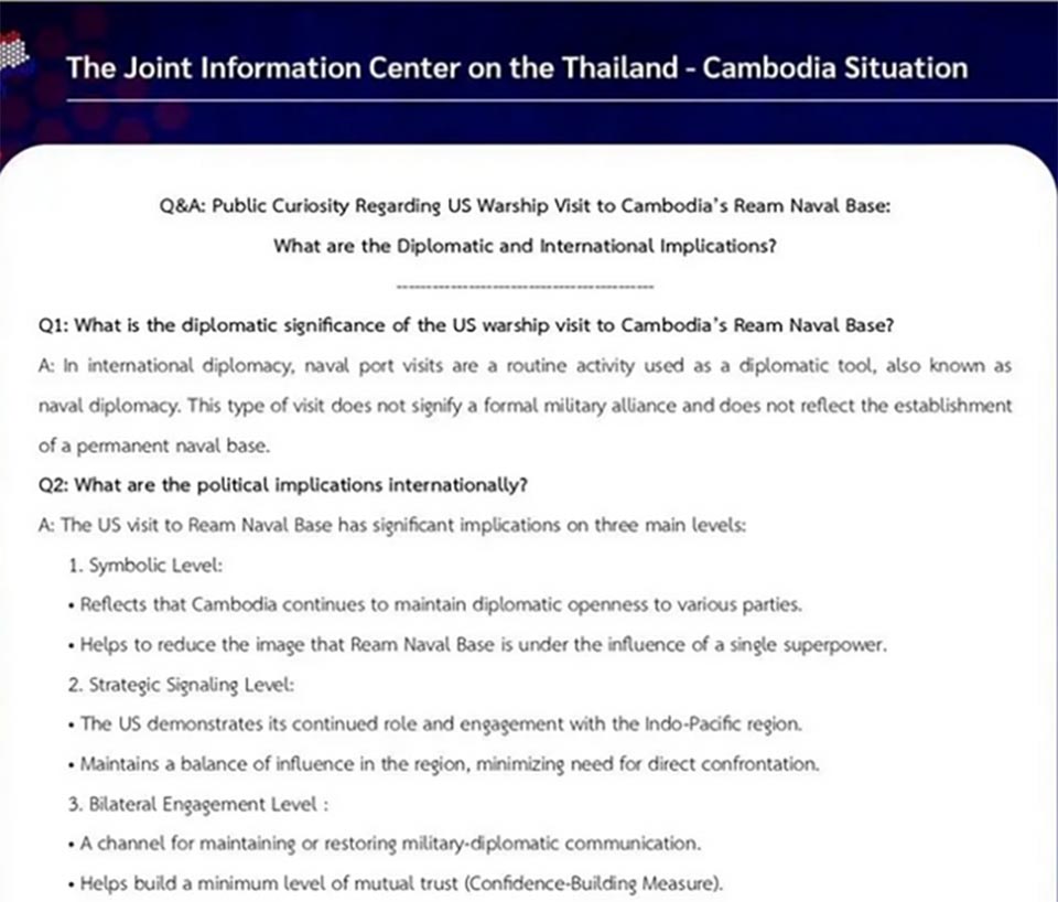 Thailand–Cambodia Information Center plays down significance of US Warship visit to Ream Naval Base