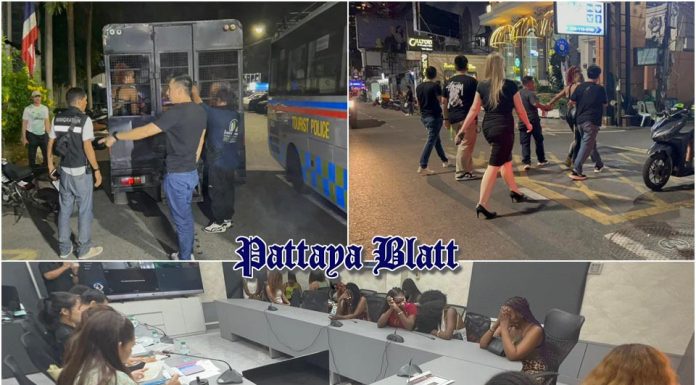 Ausländische Frauen bei nächtlicher Kontrolle am Pattaya Beach überprüft