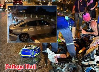 Italian biker critically injured in Pattaya U-turning car crash, American driver remains at scene