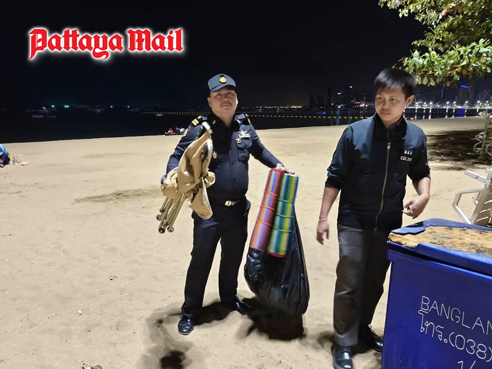 Pattaya officials confiscate illegal beach chairs and mats on public sand