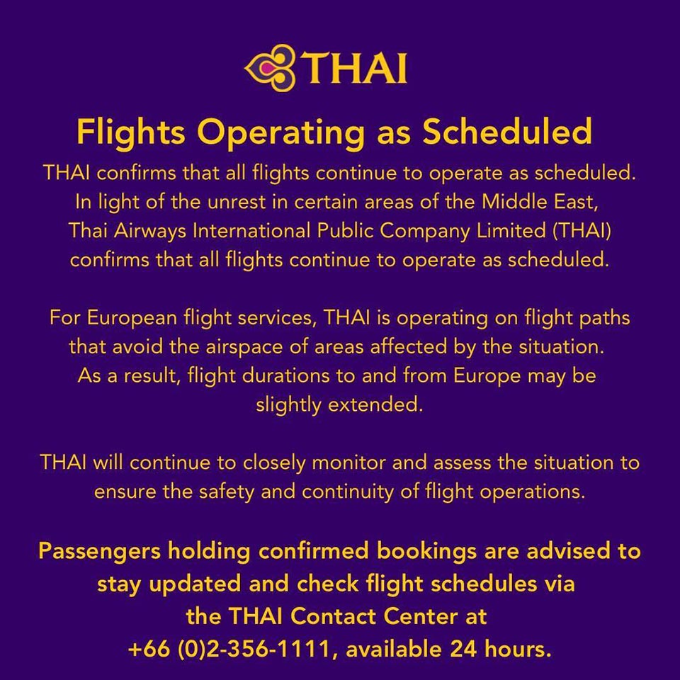 Thai Airways maintains normal flights, reroutes Europe services amid Middle East unrest