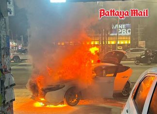Russian driver escapes moments before modified Mazda explodes into flames near Pattaya garage