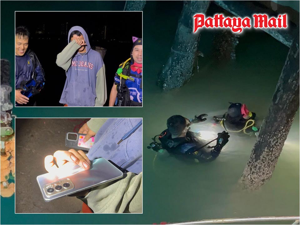 Pattaya teen overjoyed as rescuers dive into rough night sea to retrieve lost phone