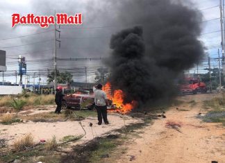 Warehouse burns after exploding paint cans ignite pickup truck in Pattaya