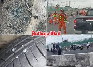 Nail trap on Pattaya motorway damages nearly 100 vehicles