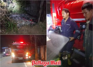 Pattaya firefighters contain grass fire near Thapprasit Soi 17 before it spreads