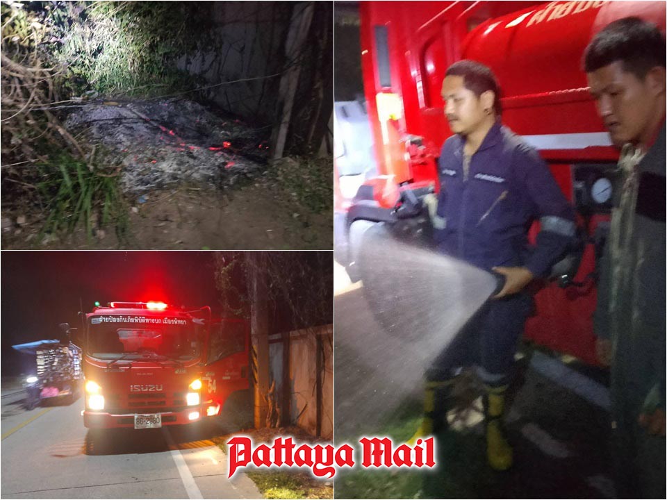 Pattaya firefighters contain grass fire near Thapprasit Soi 17 before it spreads