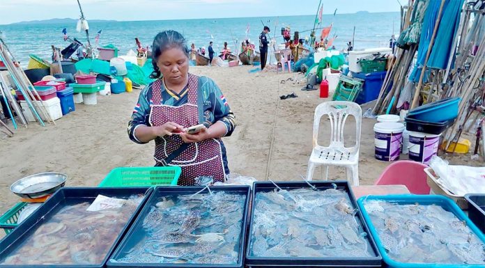 Свежий улов на рассвете привлекает любителей морепродуктов в Джомтьен