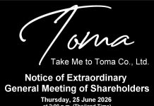 Notice of extraordinary general meeting of shareholders TAKE ME TO TOMA CO., LTD.