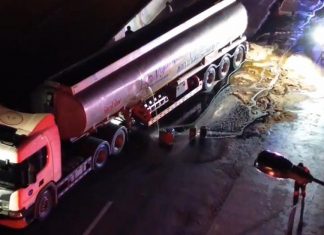 Runaway truck slams into diesel tanker on Highway 304, spilling thousands of liters of fuel