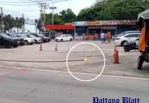 Touristen schockiert als Hochspannungskabel nahe einem 7-Eleven in Jomtien herabstürzt