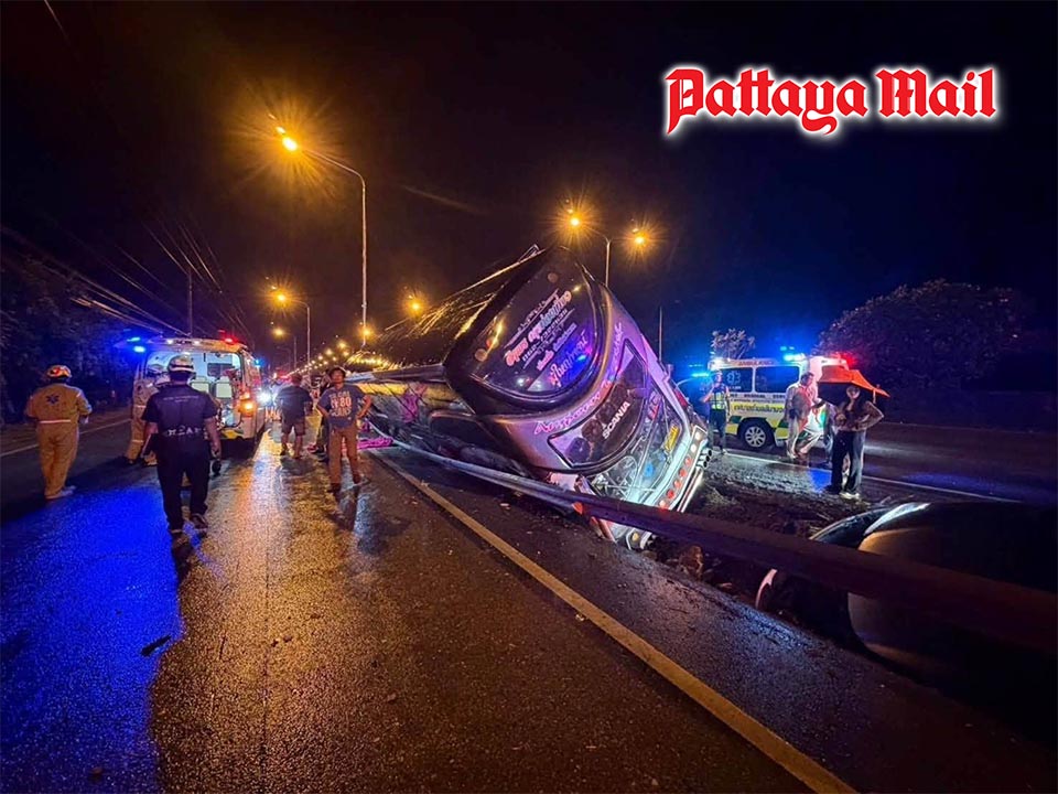 Tour bus crashes into car before plunging into roadside canal in Korat