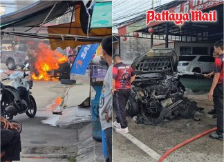 Pattaya road shock as SUV bursts into flames minutes after school run