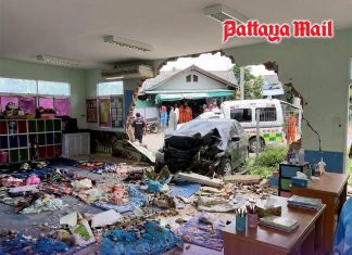 Sedan crashes through Kanchanaburi child center wall, injuring 10 children
