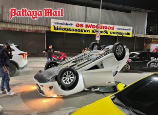 Driver falls asleep at wheel and flips car on South Pattaya Road