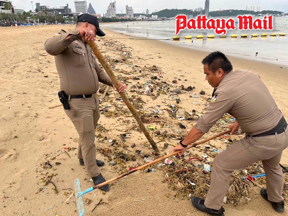 All hands on deck to clean up Pattaya Beach after rough seas