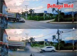 SUV flies off Ban Bueng Route 344 after trailer truck crash in Chonburi