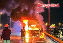 Road-marking truck burns out on Bangkok elevated road, injuring five workers
