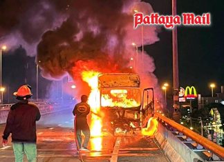 Road-marking truck burns out on Bangkok elevated road, injuring five workers